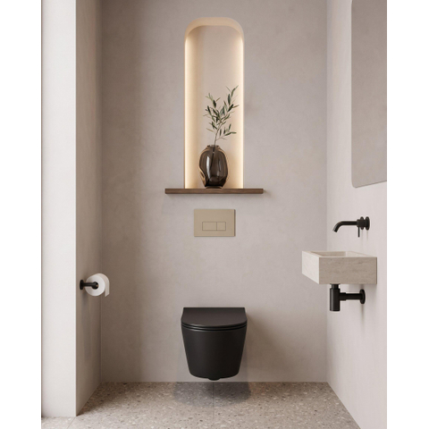 QeramiQ Dely Toiletset - 36.3x51.7cm - diepspoel - rimless - Geberit UP320 inbouwreservoir - softclose toilet zitting - 35mm - bedieningsplaat taupe - ronde knoppen - mat zwart SW1235416