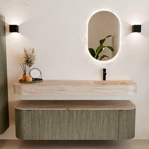 MONDIAZ THOR-DLUX 160cm meuble de salle de bains arrondi gauche + droite couleur Shadow avec 1 tiroir et 2 portes. Vasque suspendue CLOUD Droite 1 trou de robinet couleur Saba. SW1465362