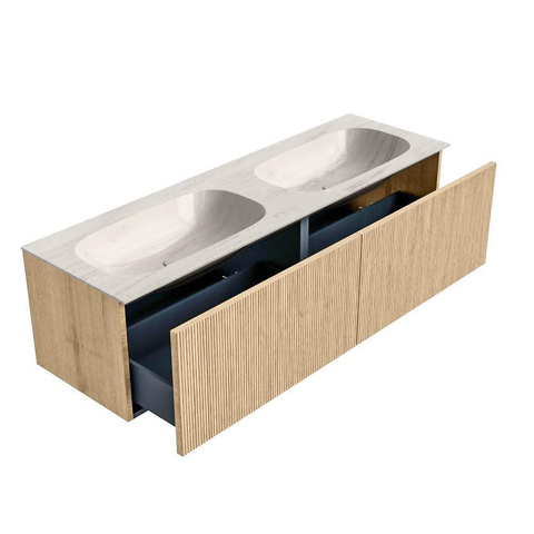 MONDIAZ KURVE-DLUX Meuble de salle de bains 150cm couleur Oak avec 2 tiroirs et 0 portes. Lavabo STOR SMALL Double sans trou de robinet Meli. SW1431661