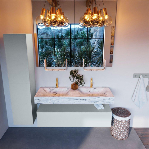 Mondiaz ALAN-DLUX Ensemble de meuble - 130cm - meuble Clay mat - 1 tiroir - Lavabo Cloud Glace suspendu - vasque Gauche et droite - 2 trous de robinet SW806385