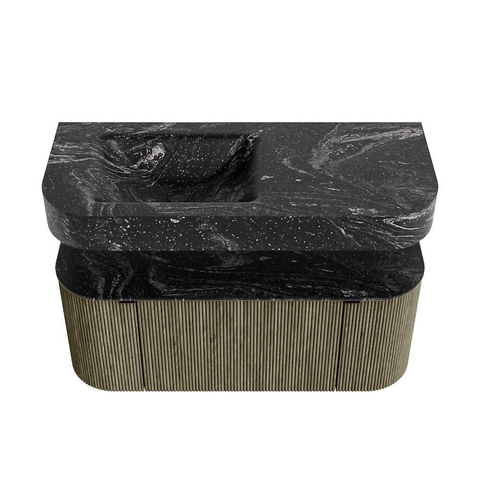 MONDIAZ THOR-DLUX 110cm meuble de salle de bains arrondi gauche + droite couleur Shadow avec 1 tiroir et 2 portes. Vasque suspendue CLOUD Gauche sans trou de robinet couleur Lava. SW1462905