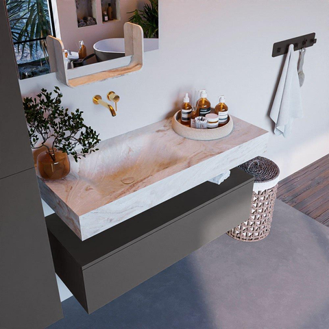 Mondiaz ALAN-DLUX Ensemble de meuble - 110cm - meuble Dark grey mat - 1 tiroir - Lavabo Cloud Frappe suspendu - vasque Gauche - 0 trous de robinet SW804994