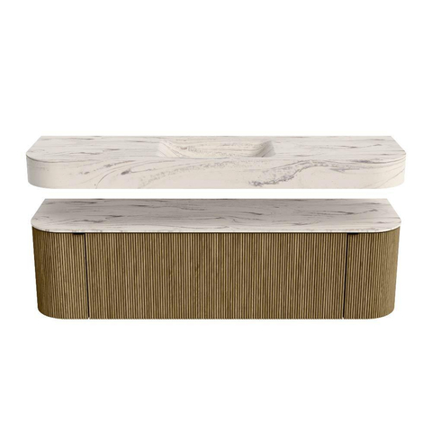 MONDIAZ THOR-DLUX 160cm meuble de salle de bains arrondi gauche + droite couleur Dusk avec 1 tiroir et 2 portes. Vasque suspendue CLOUD Milieu 1 trou de robinet couleur Nata. SW1465270