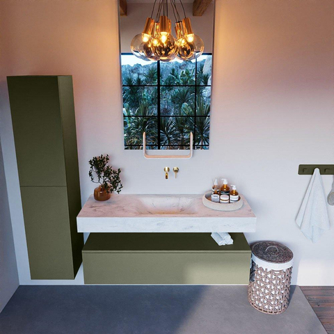Mondiaz ALAN-DLUX Ensemble de meuble - 130cm - meuble Army mat - 1 tiroir - Lavabo Cloud Opalo suspendu - vasque Centre - 0 trous de robinet SW806711