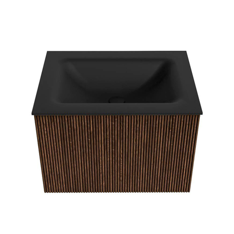 MONDIAZ KURVE 60cm badmeubel kleur Walnut met 1 lade. Wastafel CLOUD midden zonder kraangat Urban. SW1138427