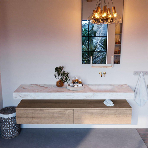 Mondiaz ALAN-DLUX Ensemble de meuble - 200cm - meuble Washed Oak mat - 2 tiroirs - Lavabo Cloud Frappe suspendu - vasque Droite - 0 trous de robinet SW808596