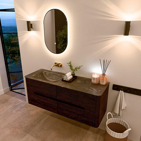 Mondiaz CIRO-DLUX Badkamermeubelset - 130x45x50cm - Solid surface wastafel Lava - 1 wasbak Links - zonder kraangaten - 4 lades - Walnut SW1530169