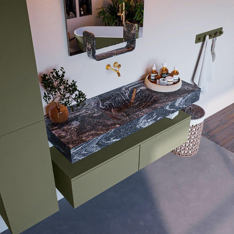 Mondiaz ALAN-DLUX Ensemble de meuble - 130cm - meuble Army mat - 2 tiroirs - Lavabo Cloud Lava suspendu - vasque Centre - 0 trous de robinet SW808505