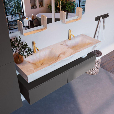 Mondiaz ALAN-DLUX Ensemble de meuble - 150cm - meuble Dark grey mat - 2 tiroirs - Lavabo Cloud Frappe suspendu - vasque Gauche et droite - 2 trous de robinet SW805068