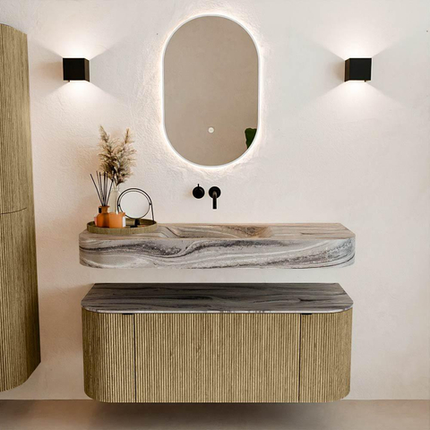 MONDIAZ THOR-DLUX 120cm meuble de salle de bains arrondi gauche + droite couleur Dusk avec 1 tiroir et 2 portes. Vasque suspendue CLOUD Milieu sans trou de robinet couleur Sombra. SW1463682