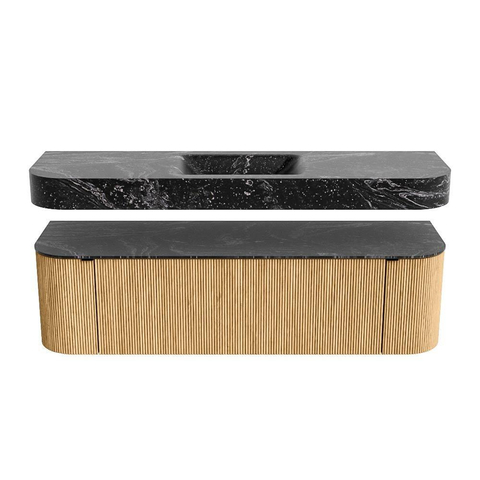 MONDIAZ THOR-DLUX 160cm meuble de salle de bains arrondi gauche + droite couleur Oak avec 1 tiroir et 2 portes. Vasque suspendue CLOUD Centre 1 trou de robinet couleur Lava. SW1464977