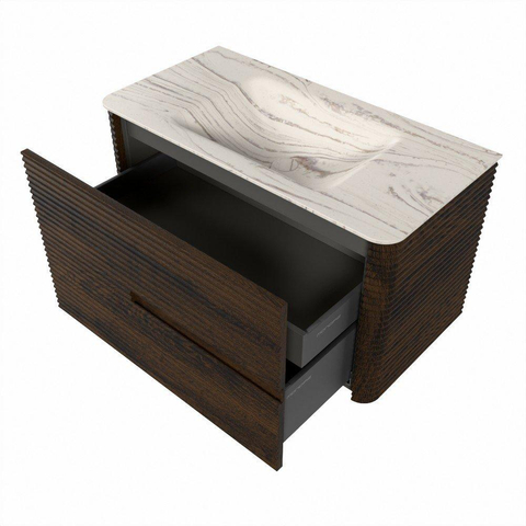Mondiaz CIRO-DLUX Meuble de salle de bains - 90x45x50cm - Plan vasque solid surface Nata - 1 vasque au milieu - 1 trou de robinet - 2 tiroirs - Noyer SW1530543