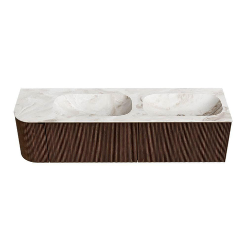 MONDIAZ KURVE-DLUX meuble de salle de bains 165 cm avec module 25 L couleur Walnut avec 2 tiroirs et 1 porte. Lavabo STOR SMALL double / droite sans trou de robinet couleur Frappe. SW1137489