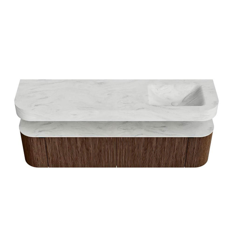 MONDIAZ THOR-DLUX 180cm meuble de salle de bains arrondi gauche + droite couleur Walnut avec 2 tiroirs et 2 portes. Vasque suspendue CLOUD Droite 1 trou de robinet couleur Opalo. SW1465963