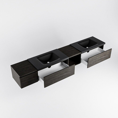 MONDIAZ BUKLA 240cm ensemble de meuble avec module ouvert 40 à droite couleur Marron Foncé avec 3 tiroirs. Lavabo CLOUD double 2 trous de robinet couleur Urban. SW1382257