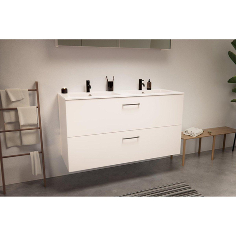Nemo Go Ensemble de meuble - 120x65x45.5cm - 2 tiroirs - avec poignée - 2 vasque Blanc mat - 2 trous de robinet - avec armoire toilette - MDF standard white SW911693