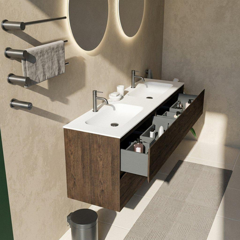 Saniclass Holz Pure Badkamermeubelset - 160x45x61.5cm - Flow solid surface wastafel wit - 2 wasbakken - 2 kraangaten - 4 lades - mat eiken charcoal (hout) SW1478459