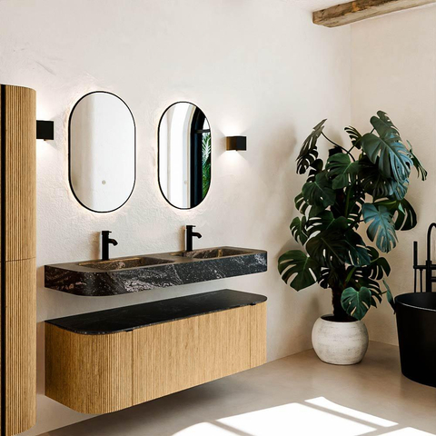 MONDIAZ THOR-DLUX 140cm badmeubel ronding links + rechts kleur Oak met 1 lade en 2 deuren. Vrijhangende wastafel CLOUD Dubbel 2 kraangaten kleur Lava. SW1463925