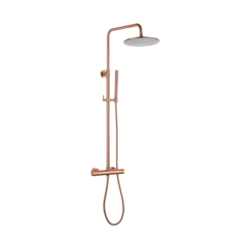 Fortifura Calvi Regendoucheset - thermostatisch - 25cm - hoofddouche - metalen slang - staaf handdouche - PVD - geborsteld koper SW1204400