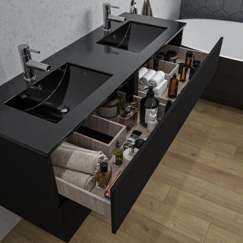 Saniclass Chaci Meuble de salle de bain - 140x46x55cm - lavabo en céramique noir - 2 vasques - 2 trous de robinet - 4 tiroirs - noir mat SW1171458