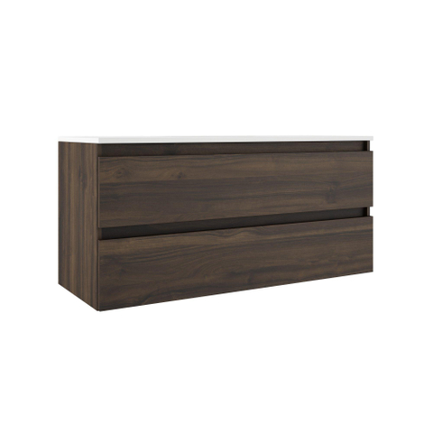 Saniclass Chaci Meuble de salle de bain - 120x45x55cm - lavabo en céramique brillant blanc - 2 vasques - 2 trous de robinet - 2 tiroirs - noyer SW721289