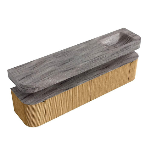 MONDIAZ THOR-DLUX 200cm badmeubel ronding links + rechts kleur Oak met 2 lades en 2 deuren. Vrijhangende wastafel CLOUD Rechts 1 kraangat kleur Oza. SW1467180