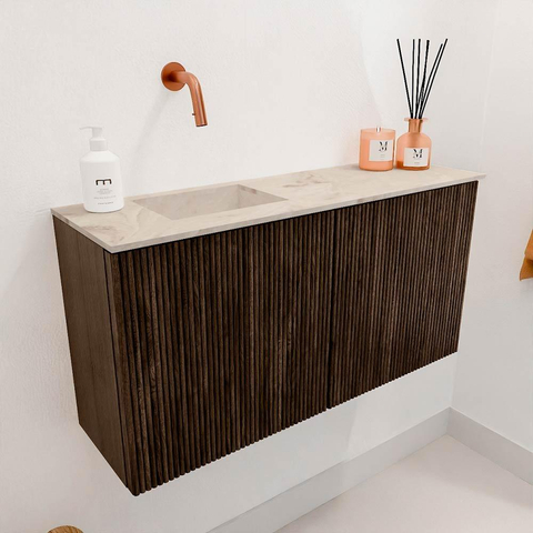 Mondiaz JOYA-DLUX 80cm toiletmeubel - kleur Walnut - Wastafel FAYE positie Links Zonder kraangat kleur Frappe. SW1422265