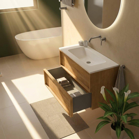 Saniclass Holz Frame Badkamermeubelset - 100x45x77.5cm - Torino solid surface wastafel wit - zonder kraangat - 2 lades - mat eiken natural (hout) SW1579918
