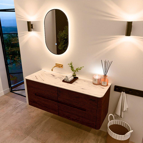Mondiaz CIRO-DLUX Ensemble meuble de salle de bains - 130x45x50cm - lavabo solid surface Nata - 1 vasque à gauche - sans trous de robinetterie - 4 tiroirs - Ruby SW1532042