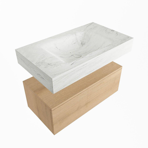 Mondiaz ALAN-DLUX Ensemble de meuble - 80cm - meuble Washed Oak mat - 1 tiroir - Lavabo Cloud Opalo suspendu - vasque Centre - 0 trous de robinet SW808796