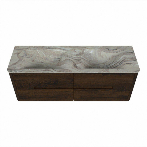 Mondiaz CIRO-DLUX Badkamermeubelset - 140x45x50cm - Solid surface wastafel Glace - 2 wasbak Dubbel - zonder kraangaten - 4 lades - Walnut SW1530268