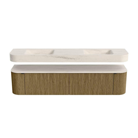 MONDIAZ THOR-DLUX Meuble de salle de bains - 200cm - arrondi gauche + droite - couleur Dusk - 2 tiroirs - 2 portes - Vasque suspendue CLOUD Double sans trou de robinet - couleur Meli SW1467108
