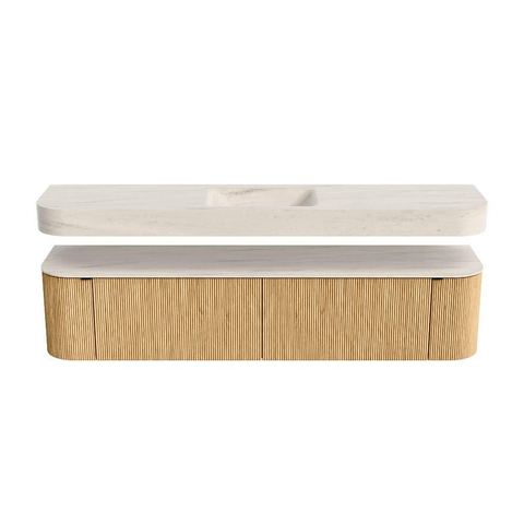 MONDIAZ THOR-DLUX 200cm meuble de salle de bains arrondi gauche + droite couleur Oak avec 2 tiroirs et 2 portes. Vasque suspendue CLOUD Milieu 1 trou de robinet couleur Meli. SW1467094