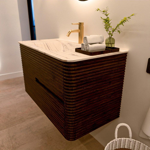 Mondiaz CIRO-DLUX Badkamermeubelset - 90x45x50cm - Solid surface wastafel Nata - 1 wasbak Midden - 1 kraangat - 2 lades - Walnut SW1530543