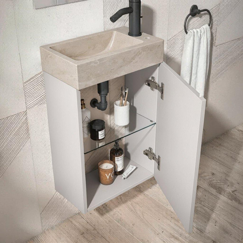 Saniclass Chaci Ensemble de lavabo - 40x65cm - 1 porte - 1 trou de robinet - droit - lavabo travertin - blanc mat SW1482364