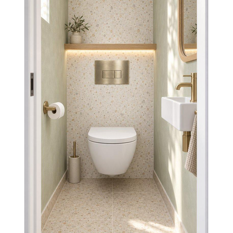 Pack WC QeramiQ Dely Swirl Compact - réservoir encastrable Geberit UP320 - avec bâti-support Burda - abattant 25 mm - plaque de commande en plastique laiton brossé (or) - boutons rectangulaires - blanc brillant SW1592331