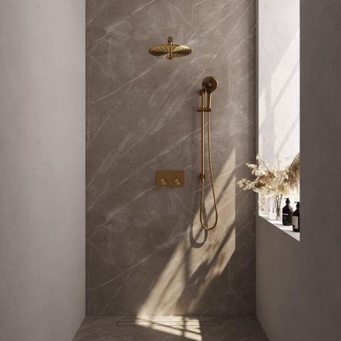 BRAUER Gold Edition Douche de pluie thermostatique encastrée - boutons-poussoirs - SET 68 - pomme de douche 30cm - bras mural droit - douchette 3 jets - flexible de douche - barre de douche intégrée - or brossé PVD SW925671