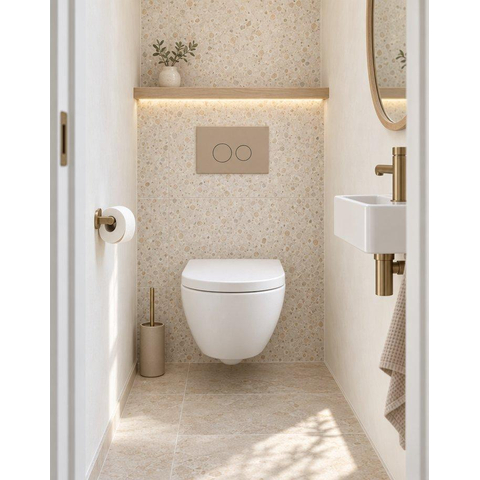 Pack WC QeramiQ Dely Swirl Compact - réservoir encastrable Geberit UP320 - avec bâti-support Burda - abattant 25 mm - plaque de commande en plastique taupe - boutons ronds - blanc brillant SW1592338