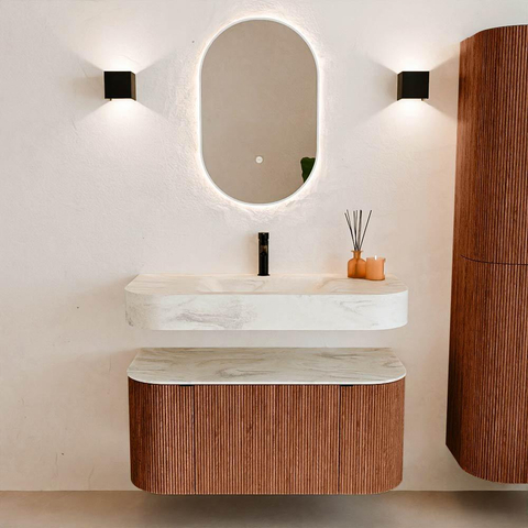 MONDIAZ THOR-DLUX 100cm meuble de salle de bains arrondi gauche + droite couleur Ruby avec 1 tiroir et 2 portes. Vasque suspendue CLOUD Milieu 1 trou de robinet couleur Ostra. SW1467424