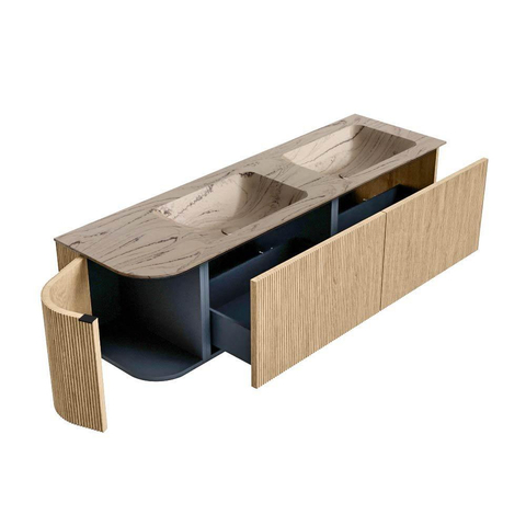 MONDIAZ KURVE-DLUX Meuble de salle de bains 155cm arrondi à gauche couleur Oak avec 2 tiroirs et 1 porte. Lavabo LEAF Double / Droite 2 trous de robinet Arena. SW1431144