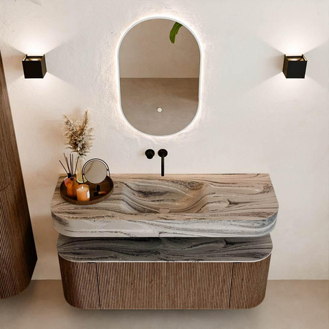 MONDIAZ THOR-DLUX 130cm badmeubel ronding links + rechts kleur Walnut met 1 lade en 2 deuren. Vrijhangende wastafel CLOUD Midden zonder kraangat kleur Sombra. SW1464058
