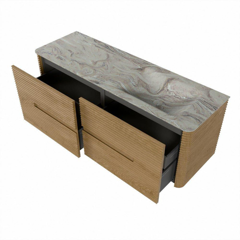 Mondiaz CIRO-DLUX Ensemble de meubles de salle de bains - 140x45x50cm - Plan-vasque solid surface Glace - 1 vasque à droite - sans trous de robinet - 4 tiroirs - Chêne SW1530856