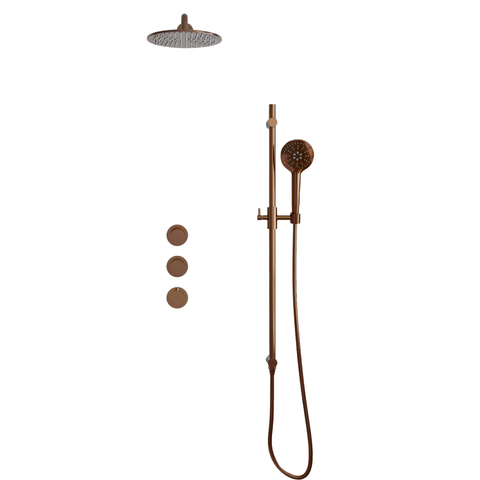Fortifura Nebbio Regendoucheset - inbouwkraan - inbouwdeel - glijstang - doucheslang metaal - ronde handdouche - 35cm - wandarm - 30cm ronde hoofddouche - PVD - geborsteld koper SW1237959