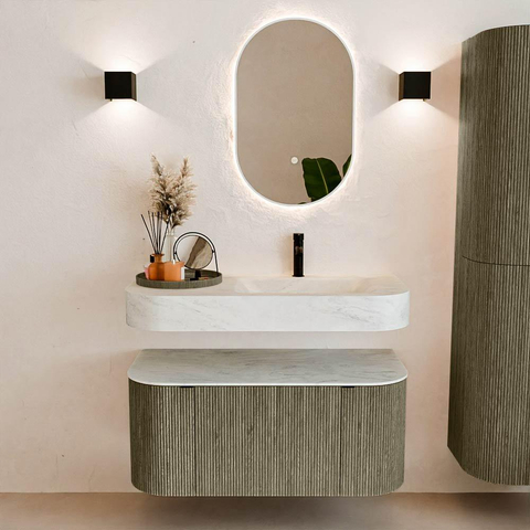 MONDIAZ THOR-DLUX 100cm meuble de salle de bains arrondi gauche + droite couleur Shadow avec 1 tiroir et 2 portes. Vasque suspendue CLOUD Droite 1 trou de robinet couleur Opalo. SW1467525