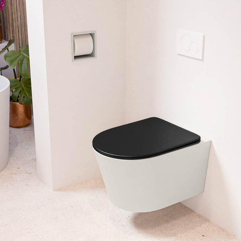 Mondiaz LAVIE hangtoilet – spoelrandloos – 36 x 53 cm – met softclose zitting – Linen (offwhite), zitting Urban (zwart) SW1208744