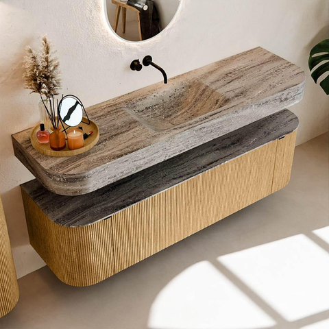MONDIAZ THOR-DLUX 160cm meuble de salle de bains arrondi gauche + droite couleur Oak avec 1 tiroir et 2 portes. Vasque suspendue CLOUD Milieu sans trou de robinet couleur Oza. SW1465278