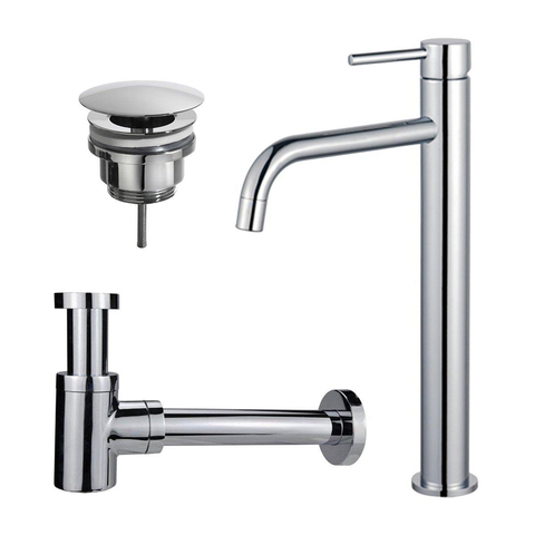 FortiFura Calvi Slim Kit mitigeur lavabo - robinet rehaussé - bonde non-obturable - siphon design bas - Chrome brillant SW891926