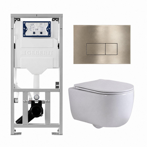 QeramiQ Dely Swirl Toiletset - 36.3x51.7cm - Geberit UP320 inbouwreservoir - met Burda frame - slim zitting - geborsteld messing bedieningsplaat - rechthoekige knoppen - glans wit SW1126098