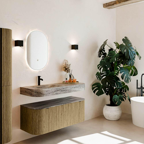 MONDIAZ THOR-DLUX 120cm meuble de salle de bains arrondi gauche + droite couleur Dusk avec 1 tiroir et 2 portes. Vasque suspendue CLOUD gauche 1 trou de robinet couleur Oza. SW1463457