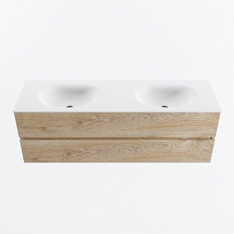 MONDIAZ VICA meuble sous lavabo 150cm Chêne blanchi 2 tiroirs. Lavabo MOON double 2 trous de robinet, couleur Talc. SW1381880